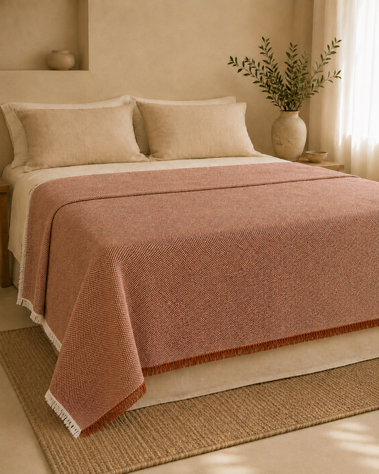 Colcha Eco-Liso de acabado liso, extendida sobre una cama